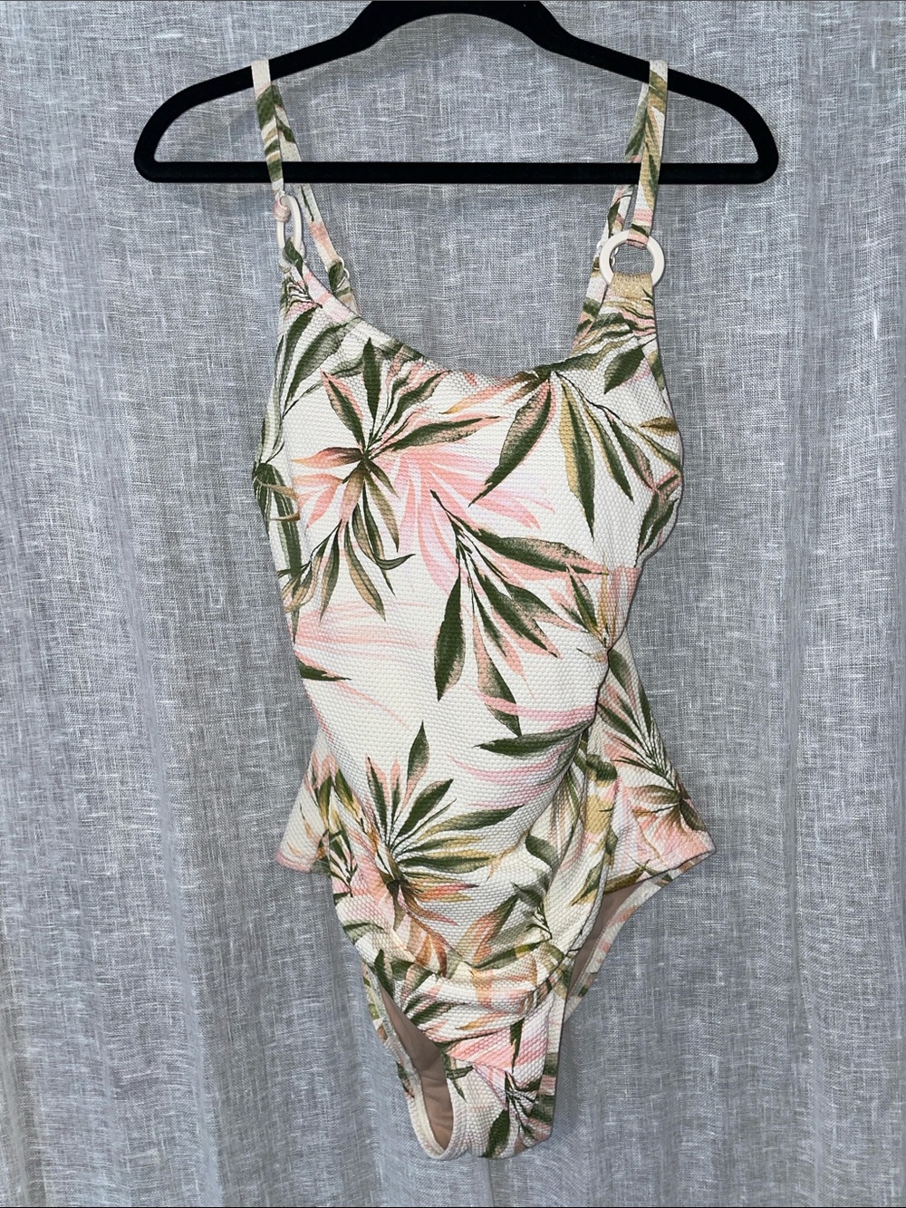 Shade & Shore Womans Tropical Leaf One-Piece Swimsuit in Cream, Pink & Green.